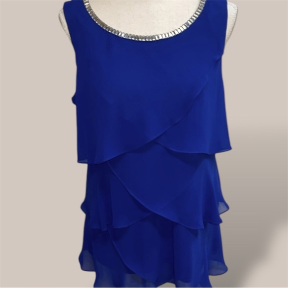 S Levine Rhinestone Neckline Tiered Ruffle Tank Blouse Bright Lapis Blue Size L - Picture 8 of 10